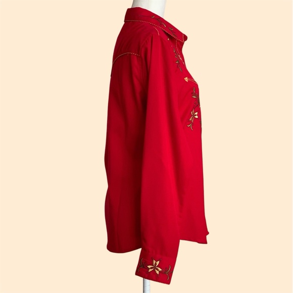Panhandle Slim Red Floral Embroidered Western Pearl Snap Button Shirt, Women Med - Picture 5 of 10
